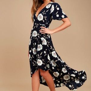 Lake Como Navy Blue Floral Print High-Low Wrap Dress - Never Worn - M